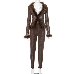 Nouvel ensemble 2 pièces pour femme : haut à manches longues en maille et fourrure de couleur unie et pantalon moulant – Tendance - Product Image 6