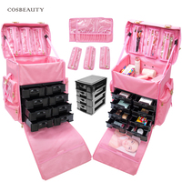 KONCAI Trousse de maquillage à roulettes en nylon rose pour bébé Bagages de voyage Organisateur de cosmétiques Boîte de beauté