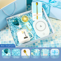 Nouvel ensemble de cadeaux promotionnels romantiques et créatifs, exquis, bleu/rose, avec tasse isotherme 520, cuillère, ventilateur et petit bouquet – Logo personnalisé pour