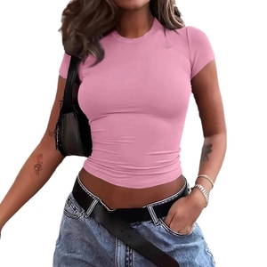 Women <strong>Red</strong> Crew Neck <strong>Crop</strong> T Shirt Short Sleeve Side Ruched Slim Fit Y2K Basic Tees Going Out <strong>Tops</strong> - Product Image 5