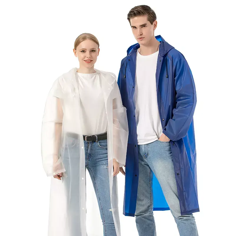 여성과 남성을위한 맞춤형 성인 EVA 레인 판초 후드 탄성 커프스가있는 재사용 가능한 플라스틱 긴 비옷