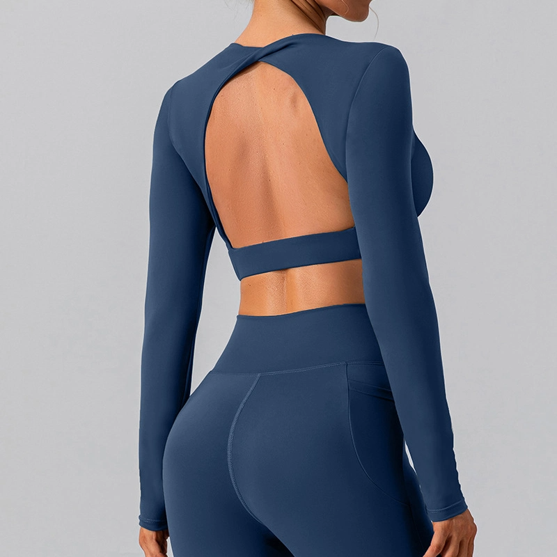 Workout Running Stretchy Fitted Tops Open Back Yoga Top Long Sleeve Gym Sportswear Athletic Wear