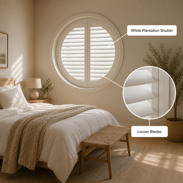 Round Window Basswood Plantation Shutters 89mm Adjustable Louver for Circular Window Home Hotel Apartment Decoration