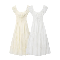 Robes midi décontractées d'été pour femmes, 2 coloris, col rond, lacets, smockées, couleur unie, tendance