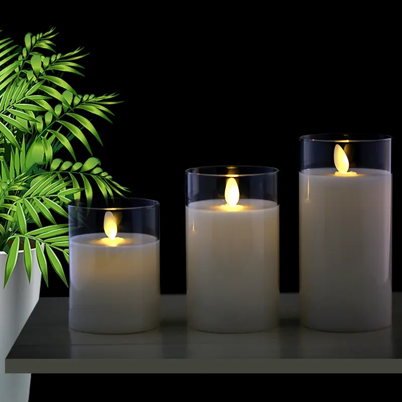 Battery powered flameless electronic candles Lighting Flickering pillar led candle in clear tall glass with moving flame