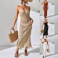 Joydressing Robe longue sexy beige en crochet à bretelles spaghetti, ajourée, avec ourlet à franges, cache-maillot de plage, robes en tricot, vente en gros