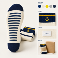 Chaussettes fantaisie brodées à motif rayé bleu marine et crème, vente en gros, artwork tricoté, OEM, marque privée, échantillonnage en vrac, emballage