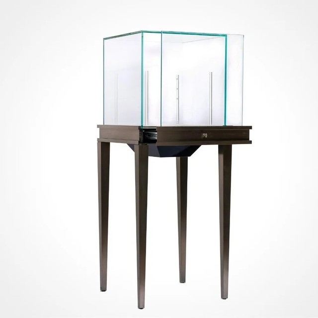 Custom Independent Jewelry Display Showcase with Dark Metal Frame & Glass Top, Drawer Storage for Diamond Watch Retail Store