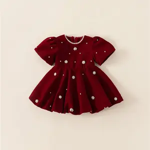 Autumn Winter Christmas Red toddler little girls clothing nylon polyester Princess Pearl baby girls frocks design party dress