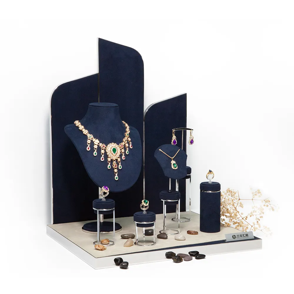 Donkerblauw Houten Fluwelen Sieraden Groothandel Display Ketting Buste Oorbellen Ring Stand Luxe Sieraden Display