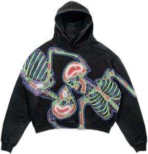 Felpa <span class=keywords><strong>con</strong></span> Cappuccio da Uomo DCY in Cotone, Lavaggio Acido, Design Vintage <span class=keywords><strong>con</strong></span> Grafica <span class=keywords><strong>Scheletro</strong></span>, Pullover Pesante - Product Image 1