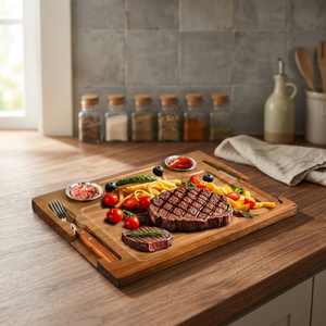 Planche à découper en bois d'acacia 100% naturel, écologique, épaisseur 2,0 cm, rectangulaire, passe au lave-vaisselle, avec fourchette et couteau - Product Image 5