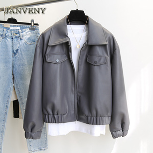 JANVENY-abrigo de cuero suave suelto para <span class=keywords><strong>mujer</strong></span>, <span class=keywords><strong>chaqueta</strong></span> de béisbol de cuero sintético con solapa de manga larga y bolsillos grandes, primavera y otoño, 2023 - Product Image 6