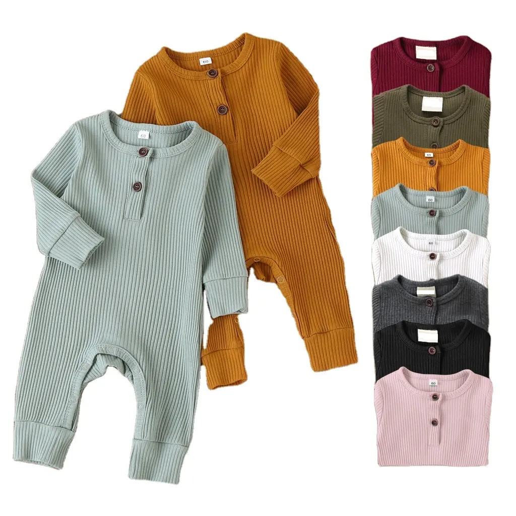 Wholesale newborn toddler cotton rib sleepsuit clothes boy girl unisex long sleeve ribbed jumpsuit solid blank baby romper