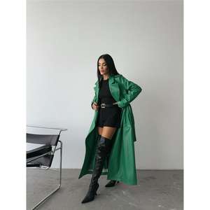 Manteau Trench Long en Cuir Véritable Vert Décontracté Imprimé Imperméable avec Ceinture et Doublure en Soie Poids Personnalisé pour Automne Hiver - Product Image 2