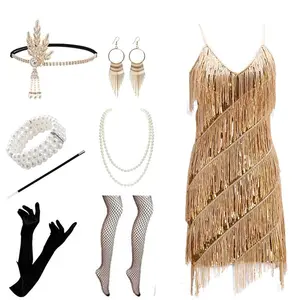 Women 1920s Gatsby Flapper Dress Sexy Open Back Strap Fringed Cocktail Party Dress with 20s Accessories