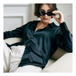 Top di camicette di camicie di <span class=keywords><strong>seta</strong></span> di gelso puro 100% con logo personalizzato allentato nero con maniche lunghe - Product Image 1