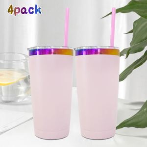 Paquete de 4 Vasos de Acero Inoxidable con Aislamiento al Vacío, Recubrimiento en Polvo Rosa de 20 oz, con Logotipo Personalizado y Pajita de Color - Product Image 1