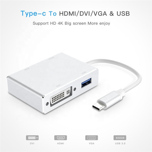 Xput 4 in 1 Multifunction USB3.1 Type C Hub Multiport Adapter With 4K HDMI VGA DVI and USB3.0 Expansion Port for Laptop