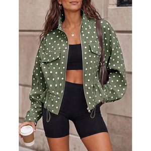 Veste zippée personnalisée pour femme à pois, manches longues, coupe courte, col montant, style décontracté, tendance automne, coupe oversize - Product Image 2