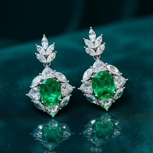 Orecchini da donna E3102 in oro bianco con smeraldi e diamanti, lusso nuziale, taglio ovale, colore D, naturali, certificati GIA - Product Image 2