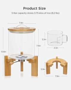 5L 8L Glass Food <b>Container</b> for <b>Flour</b> Cereal Rice with Bamboo Stand and Measuring Cup - Product Image 2