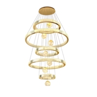 Lustre LED moderne de luxe à plusieurs niveaux, réglable en hauteur, avec anneaux en cristal, idéal pour escalier, villa, plafond haut