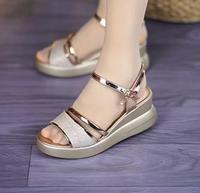 Nouveau décontracté filles sandales couleur unie poisson bouche bout ouvert talon compensé paillettes cheville ceinture femmes sandales compensées