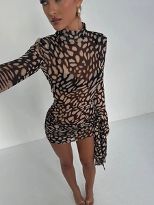 Lady Spring Slim Elegant Party Club Dress Long Sleeve Mini Dress Turtleneck Sexy Sheer Print <span class=keywords><strong>Leopard</strong></span> Bandage Women Dress - Product Image 3