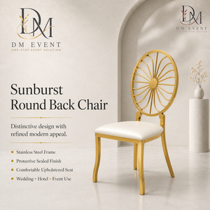 Chaise de mariage ronde en acier inoxydable doré avec dossier en éclats de soleil et coussin blanc pour banquets et événements hôteliers – Vente en gros de sièges - Product Image 1