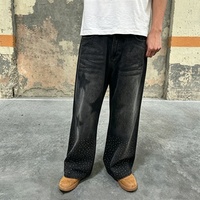 Jean en denim pour homme, coupe droite ample, délavé vintage, avec strass, bords bruts, personnalisé par le fabricant