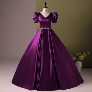 Purple Satin Ball Gown With Puff Sleeves And Beaded Waist For Women Stage Performance Dress - Product Image 1