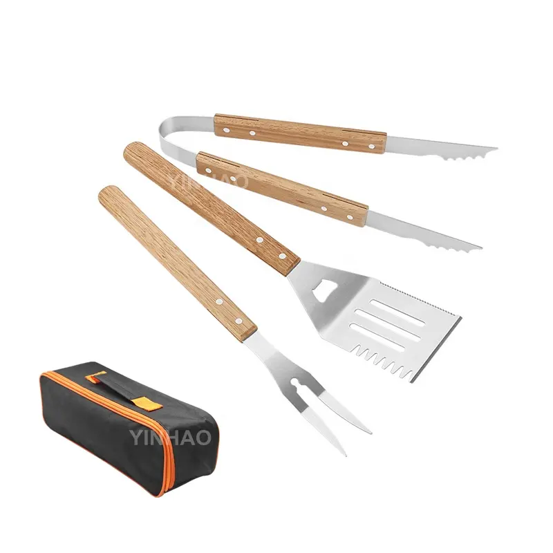 Utensílios para churrasqueira ao ar livre, kit de acessórios para churrasco em aço inoxidável resistente com cabo de madeira, conjunto de ferramentas para churrasco, 3 peças