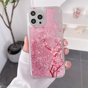 Funda para teléfono móvil Pink <span class=keywords><strong>Peach</strong></span> Blossom Quicksand para iPhone 16 15 14 12 Pro Max Love Hearts Sparkles Liquid <span class=keywords><strong>Cover</strong></span> Flower Design - Product Image 4