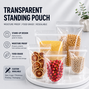 Sachets transparents refermables, résistants à l'humidité, de qualité alimentaire, en plastique refermable, avec logo personnalisé imprimable - Product Image 1