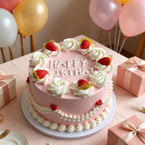 Modèle de gâteau d'anniversaire artificiel en plastique rose de 8 pouces, avec noyau en mousse, motif cœur, design classique crème fraise, réutilisable pour - Product Image 3