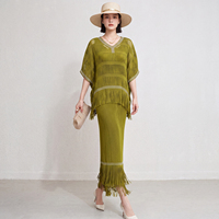 Robe plissée décontractée pour femme avec strass et franges, manches chauve-souris, style Miyake, qualité supérieure, vente en gros