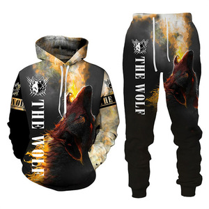 Set di abbigliamento sportivo 2 pezzi personalizzato con stampa lupo da uomo con cappuccio e pantaloni da Jogger per coppie sportive - Product Image 4