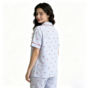 Women's Summer Casual Soft Cotton 100% Turn-down Collar <b>Cardigan</b> <b>Short</b>-<b>Sleeved</b> Two-Piece Pajamas Striped Elastic Waist Pants - Product Image 6