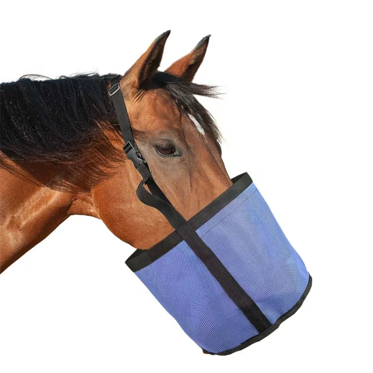 Sacca per alimenti per cavalli in rete di PVC traspirante robusta e resistente con chiusura a scatto resistente regolabile e cinghie elastiche
