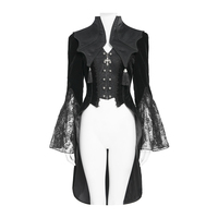 CT277 Manteau long victorien gothique pour femme en velours noir avec manches cloche en dentelle et décorations à pompons, style steampunk, tenue de cosplay
