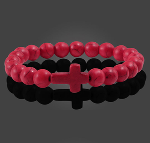 Bracelet Chrétien Homme en Pierres <span class=keywords><strong>Semi</strong></span>-Précieuses Extensibles 8MM, Perles Turquoise, avec Croix - Vente en Gros à Prix Abordable - Product Image 4