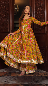 Ensemble Anarkali Plazo 100% coton imprimé bloc à la main avec organza Dupatta et mastani couleur jaune Anarkali Plazo Set - Product Image 2