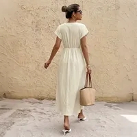 Robe longue unie à col en V avec manches à volants couleur abricot pour soirée, disponible en plusieurs tailles (ODM)