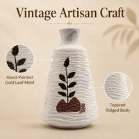 Vase en papier mâché fait main, base crème, motif feuille or, texture ondulée, décoration écologique pour étagère