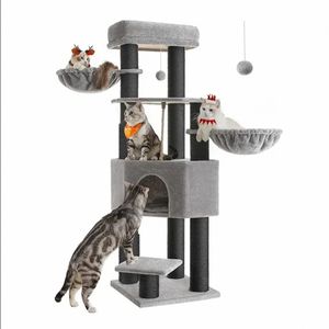 Großhandel maßge schneiderte moderne hohe Katzen turm grau Plüsch natürliche Sisal Seil gewickelt kratzen den Kletter rahmen Spielzeug Spanplatte - Product Image 1