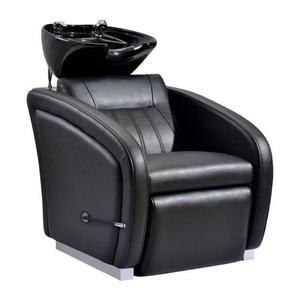 Lit de shampooing moderne semi-inclinable en acier inoxydable thaïlandais réglable pour salons de coiffure avec accoudoirs noirs et lavabo en céramique - Product Image 1
