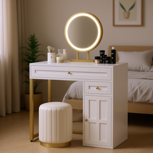 Tocador de maquillaje de lujo en oro blanco con espejo iluminado, 2 cajones, 1 gabinete, mesa de tocador moderna para dormitorio - Product Image 2