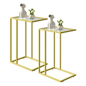 2PCS/Set Gold Metal Side Tables Living Room Bedroom Glass End Table Coffee Table