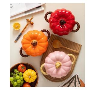 Tazón de cerámica para sopa con forma de calabaza, con tapa y asas, tamaño grande, tazón creativo para el hogar, para sopa, fideos, resistente al calor - Product Image 2